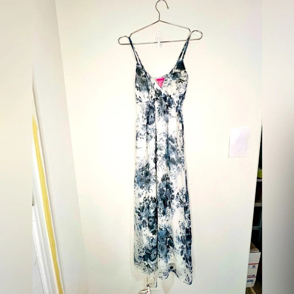 She’s Cool Blue & Grey Floral Pattern with White Adjustable Strap Maxi Dress - Picture 2 of 9